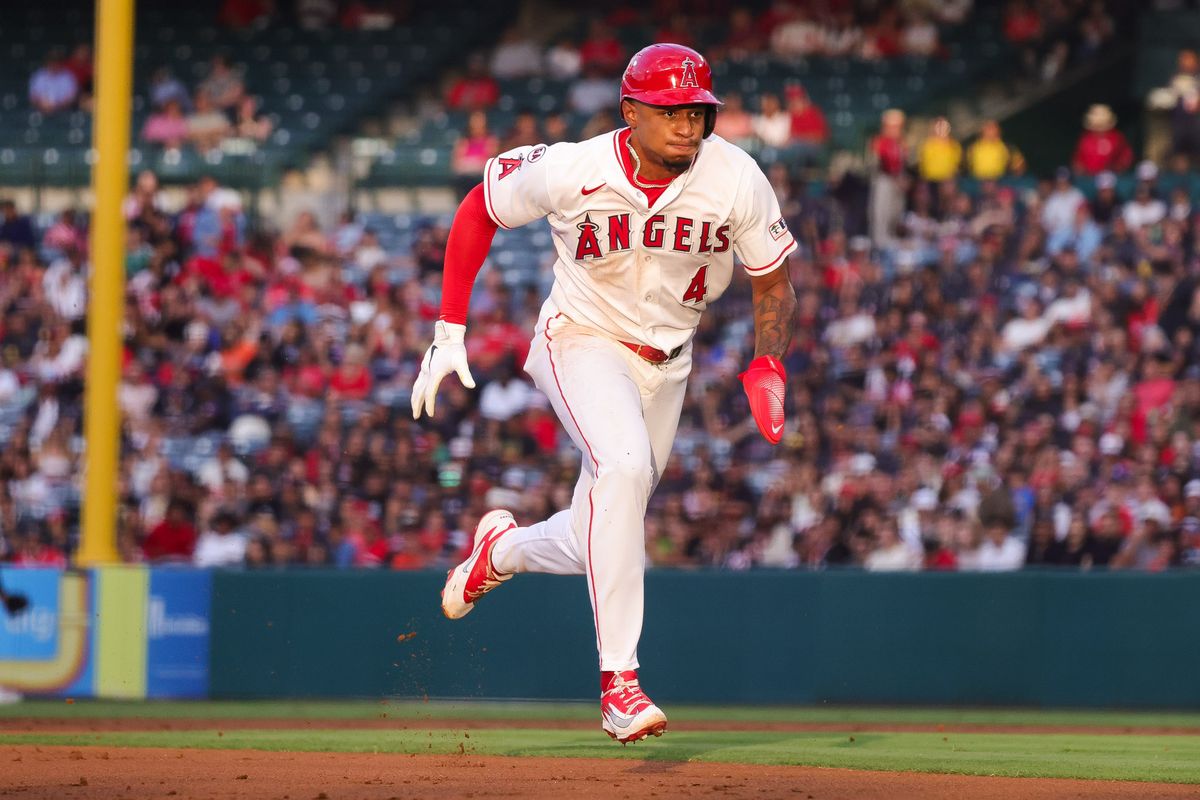 Los Angeles Angels infielder Christian Moore (4) runs during the MLB game against the Baltimore Orioles Tuesday June 23rd, 2026 at Angel Stadium in Anaheim, Calif. Los Angeles Angels infielder Christian Moore (4) runs during the MLB game against the Baltimore Orioles Tuesday June 23rd, 2026 at Angel Stadium in Anaheim, Calif.