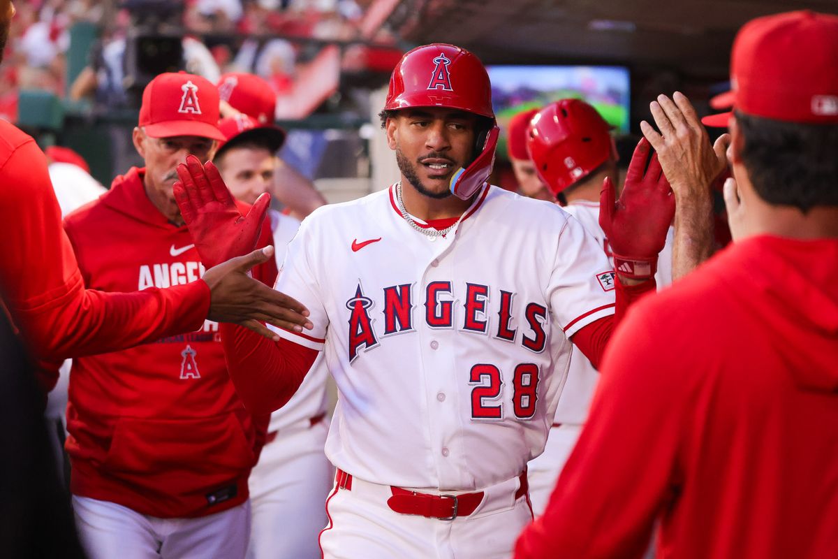 Los Angeles Angels outfielder Jose Siri (28) celebrates after scoring during the MLB game against the Baltimore Orioles Tuesday June 23rd, 2026 at Angel Stadium in Anaheim, Calif. Los Angeles Angels outfielder Jose Siri (28) celebrates after scoring during the MLB game against the Baltimore Orioles Tuesday June 23rd, 2026 at Angel Stadium in Anaheim, Calif.
