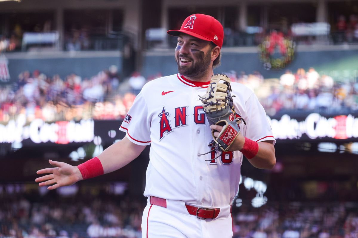 Los Angeles Angels infielder Nolan Schanuel (18) smiles during the MLB game against the Athletics Friday June 26th, 2026 at Angel Stadium in Anaheim, Calif.