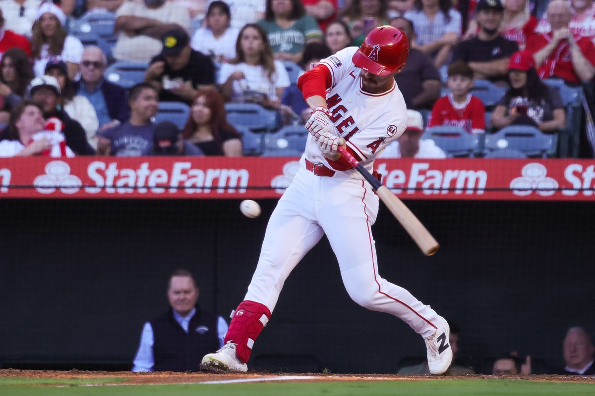 Los Angeles Angels outfielder Wade Meckler (53) hits the ball during the MLB game against the Athletics Friday June 26th, 2026 at Angel Stadium in Anaheim, Calif.