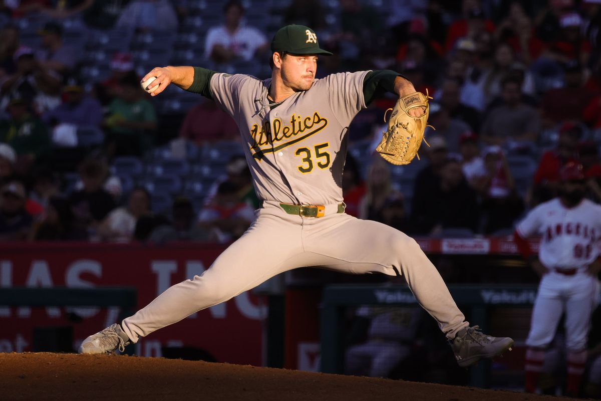 Athletics right-handed pitcher J.T. Ginn (35) pitches during the MLB game against the Los Angeles Angels Friday June 26th, 2026 at Angel Stadium in Anaheim, Calif.