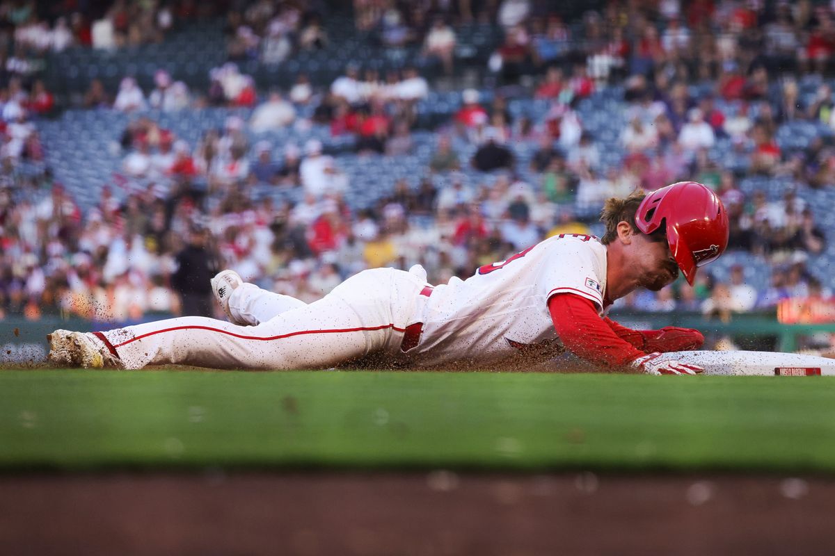 Los Angeles Angels outfielder Wade Meckler (53) dives to third base during the MLB game against the Athletics Friday June 26th, 2026 at Angel Stadium in Anaheim, Calif.