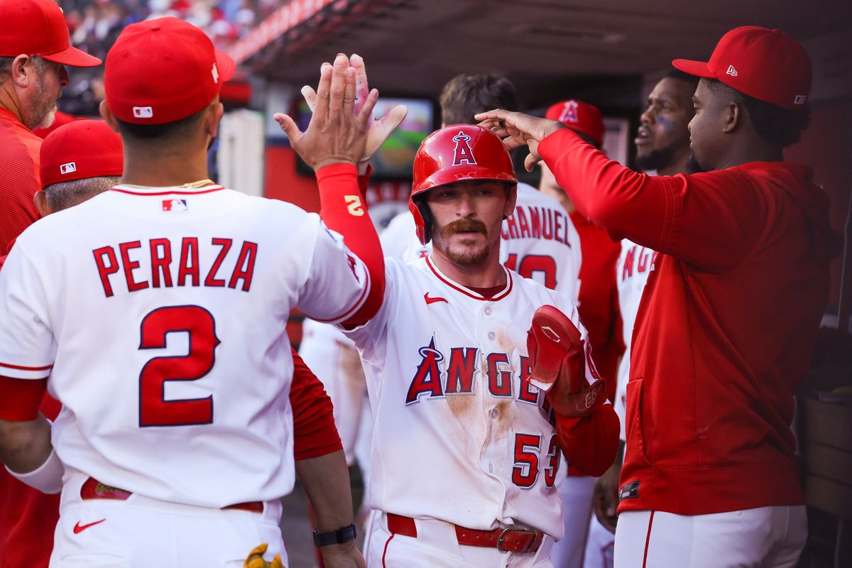 Los Angeles Angels outfielder Wade Meckler (53) celebrates in the dugout during the MLB game against the Athletics Friday June 26th, 2026 at Angel Stadium in Anaheim, Calif.