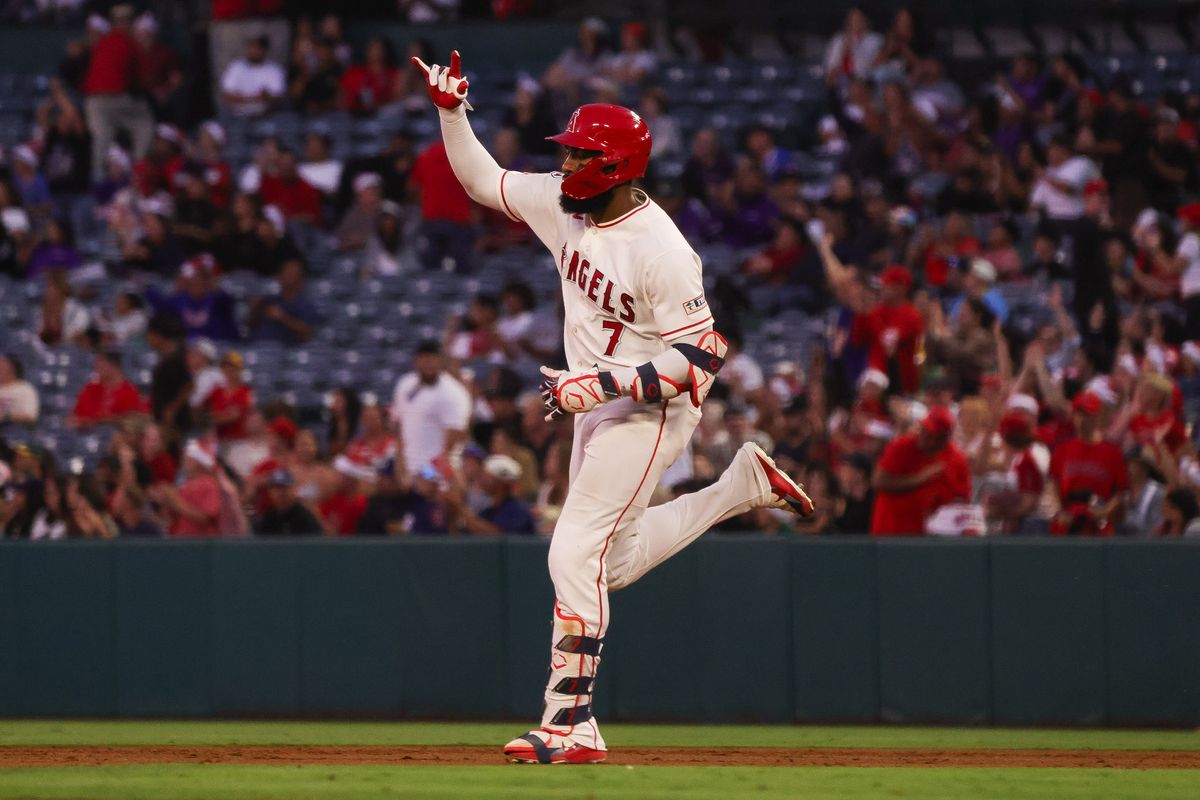 Los Angeles Angels outfielder Jo Adell (7) celebrates after hitting a home run during the MLB game against the Athletics Friday June 26th, 2026 at Angel Stadium in Anaheim, Calif.