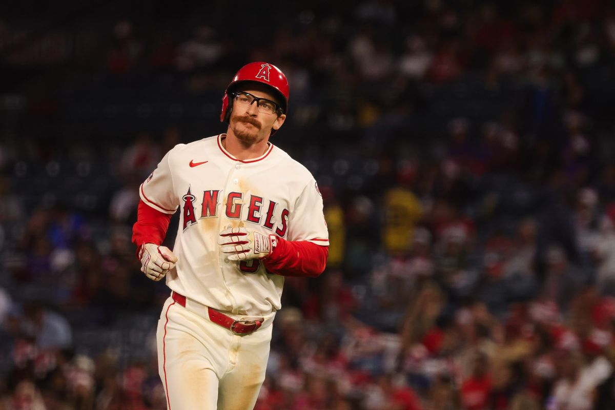 Los Angeles Angels outfielder Wade Meckler (53) looks off during the MLB game against the Athletics Friday June 26th, 2026 at Angel Stadium in Anaheim, Calif.