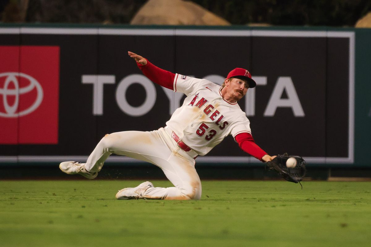 Los Angeles Angels outfielder Wade Meckler (53) slides to catch the ball during the MLB game against the Athletics Friday June 26th, 2026 at Angel Stadium in Anaheim, Calif.