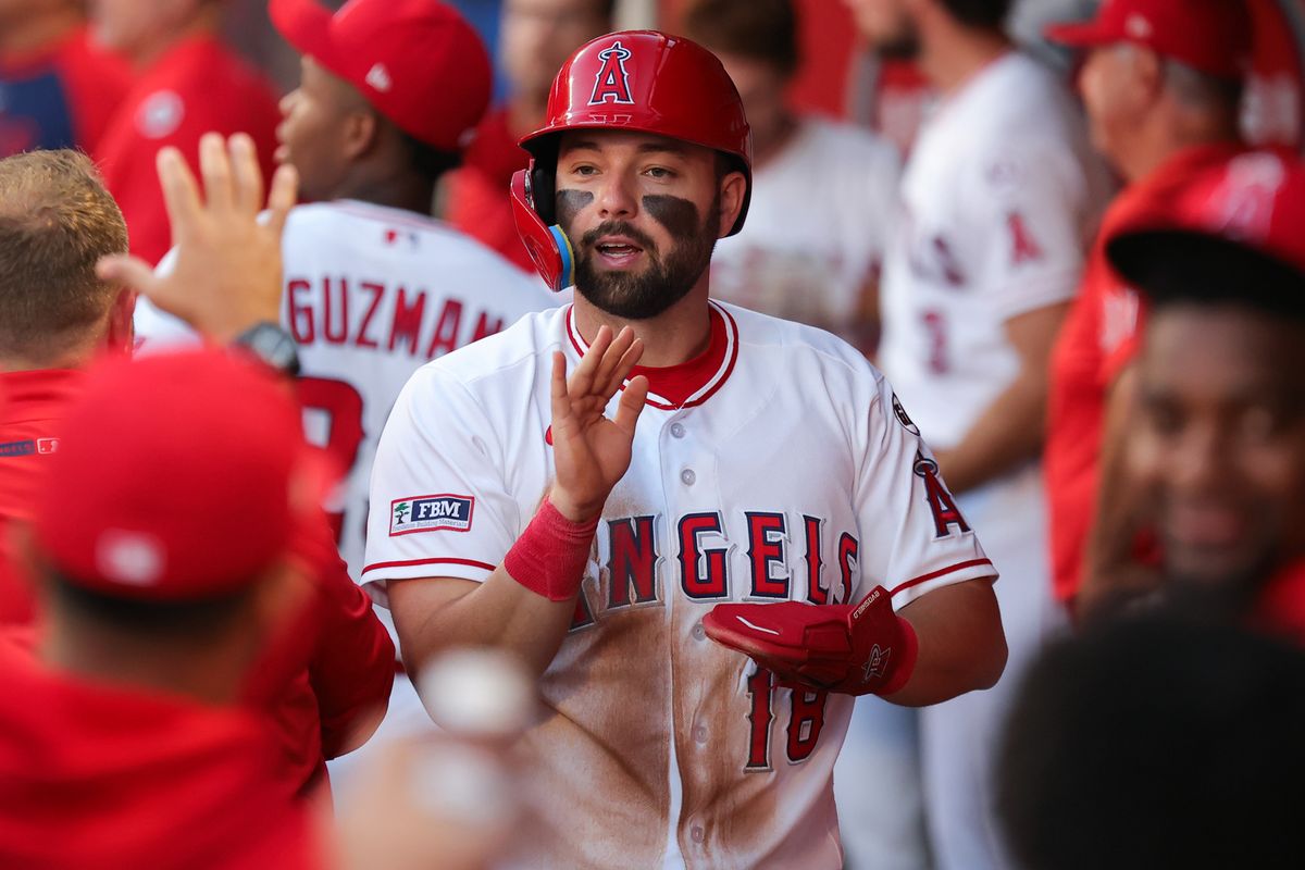 Nolan Schanuel #18 of the Los Angeles Angels celebrates scoring a run during an MLB game against the Las Vegas Athletics on June 27, 2026 in Anaheim, CA.