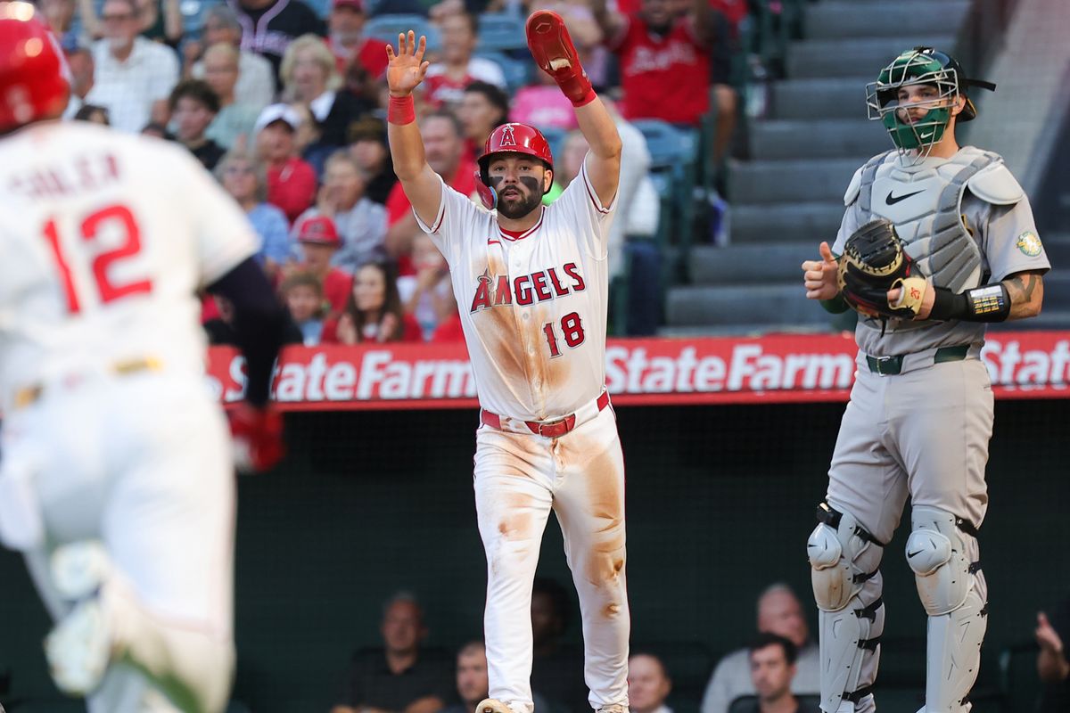 Nolan Schanuel #18 of the Los Angeles Angels attempts to bring in a run at home plate during an MLB game against the Las Vegas Athletics on June 27, 2026 in Anaheim, CA.