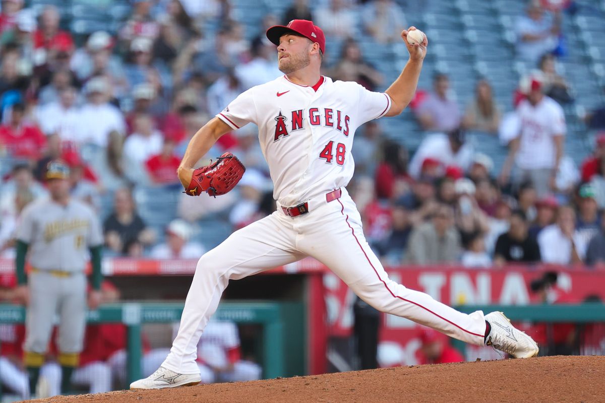 Reid Detmer #48 of the Los Angeles Angels pitches on the mound during an MLB game against the Las Vegas Athletics on June 27, 2026 in Anaheim, CA.