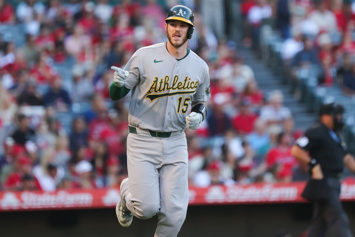 Jonah Heim #15 of the Las Vegas Athletics celebrates a home run during an MLB game against the Anaheim Angels on June 27, 2026 in Anaheim, CA.