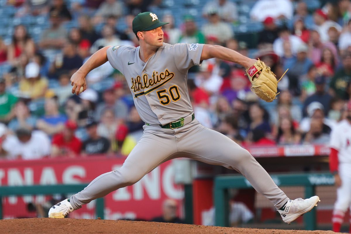 Jack Perkins #50 of the Las Vegas Athletics pitches during an MLB game against the Anaheim Angels on June 27, 2026 in Anaheim, CA.