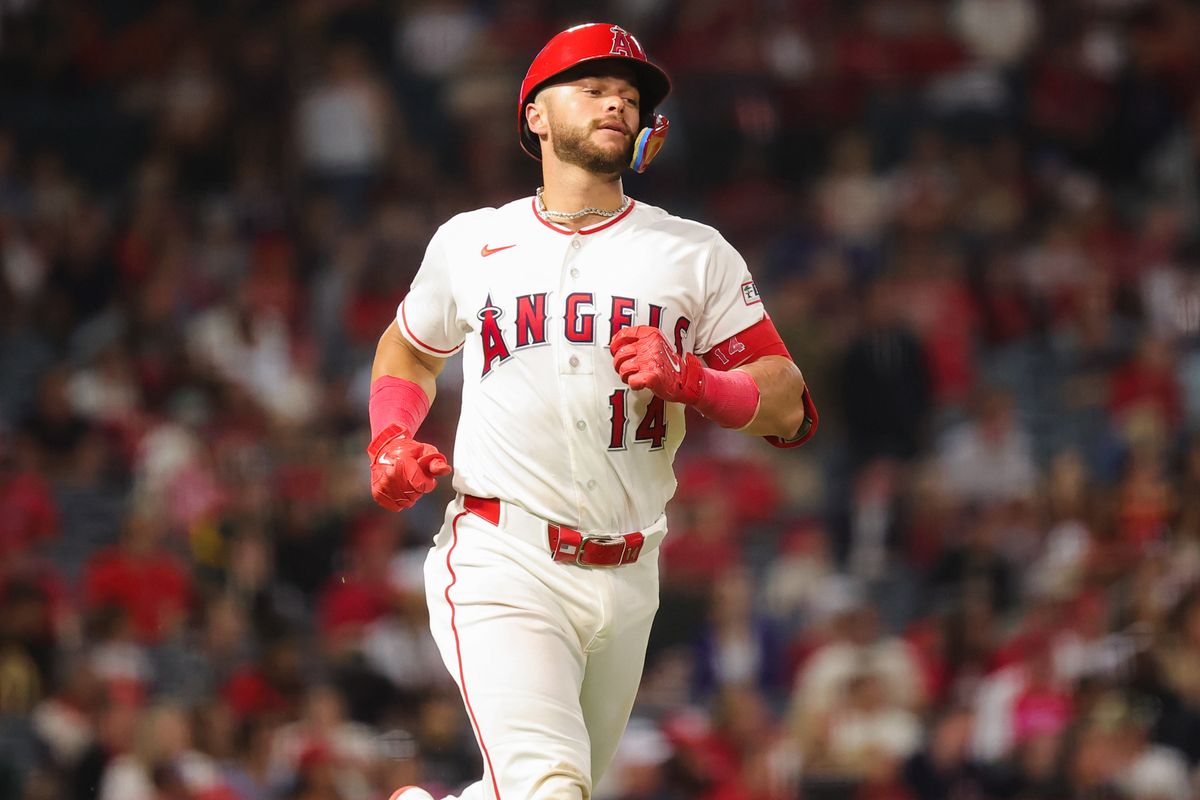 Logan O'hoppe #14 of the Los Angeles Angels runs the bases during an MLB game against the Las Vegas Athletics on June 27, 2026 in Anaheim, CA.