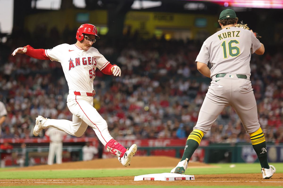 Wade Meckler #53 of the Los Angeles Angels sprints to first base during an MLB game against the Las Vegas Athletics on June 27, 2026 in Anaheim, CA.