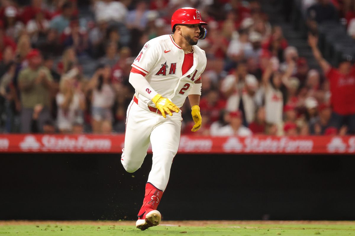 Osawald Peraza #2 of the Los Angeles Angels runs the bases during an MLB game against the Las Vegas Athletics on June 27, 2026 in Anaheim, CA.