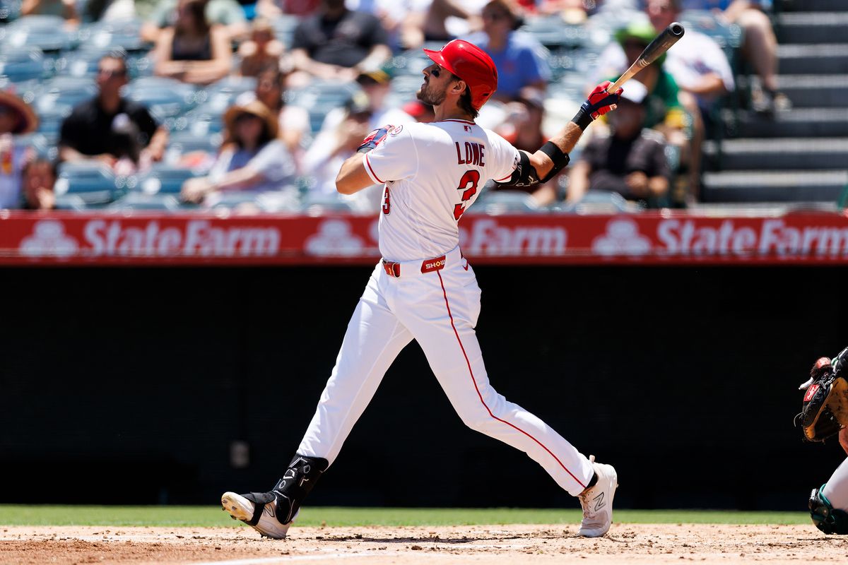 Josh Lowe #3 of the Los Angeles Angels hits a grand slam during the game against the Athletics at Angel Stadium of Anaheim on June 28, 2026 in Anaheim, California. 