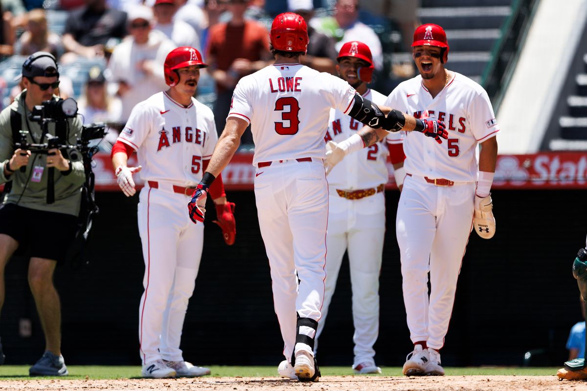 Josh Lowe #3 of the Los Angeles Angels celebrates his grand slam during the game against the Athletics at Angel Stadium of Anaheim on June 28, 2026 in Anaheim, California.