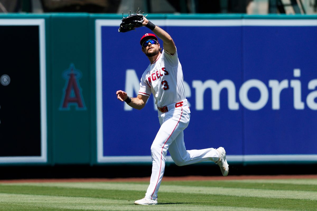 Josh Lowe #3 of the Los Angeles Angels catches a fly ball during the game against the Athletics at Angel Stadium of Anaheim on June 28, 2026 in Anaheim, California. 