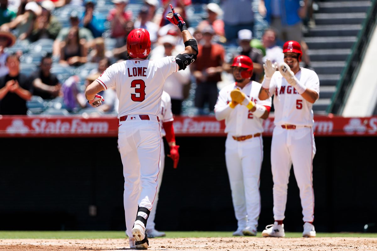 Josh Lowe #3 of the Los Angeles Angels celebrates his grand slam during the game against the Athletics at Angel Stadium of Anaheim on June 28, 2026 in Anaheim, California.