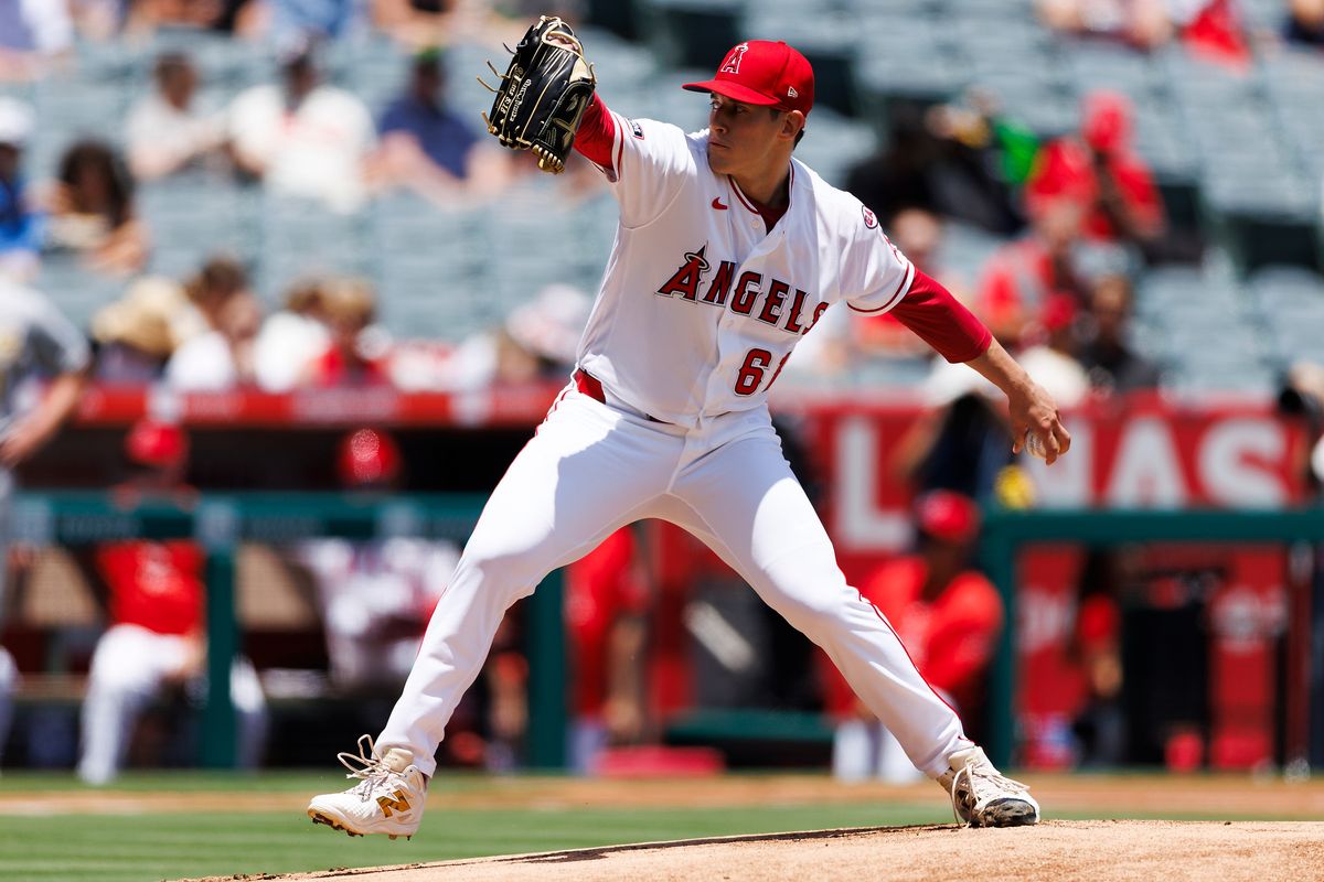 Sam Aldegheri #61 of the Los Angeles Angels pitches during the game against the Athletics at Angel Stadium of Anaheim on June 28, 2026 in Anaheim, California.