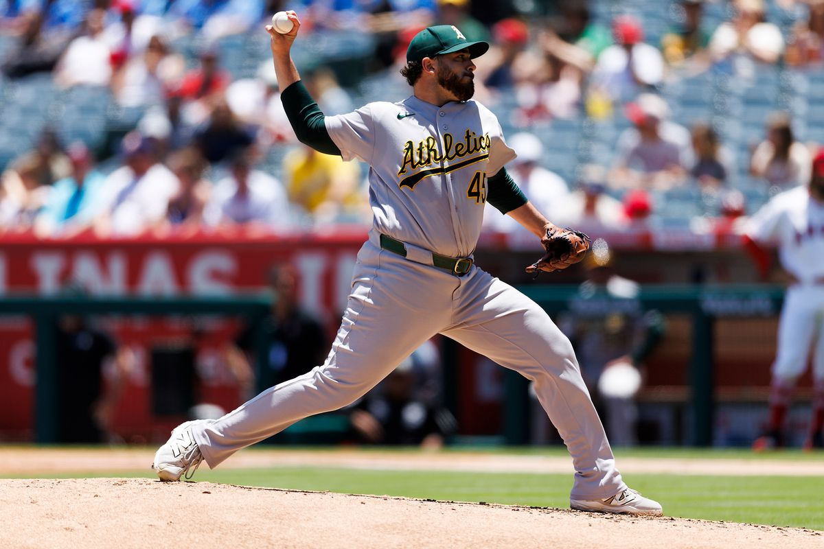 Aaron Civale #45 of the Athletics pitches during the game against the Los Angeles Angels at Angel Stadium of Anaheim on June 28, 2026 in Anaheim, California.