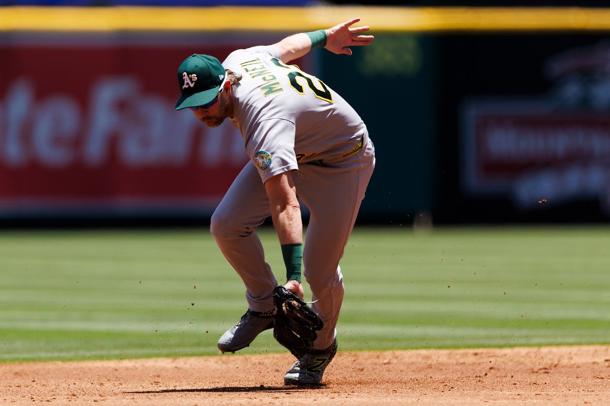 Jeff McNeil #22 of the Athletics fields during the game against the Los Angeles Angels at Angel Stadium of Anaheim on June 28, 2026 in Anaheim, California.
