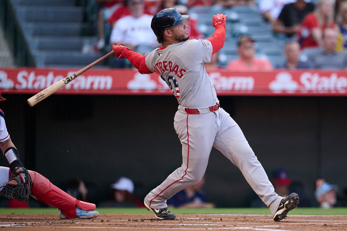 The Boston Red Sox Willson Contreras #40 hits a home run during an MLB game against The Los Angeles Angels on July 4th, 2026 at Angel Stadium in Anaheim, California. The Boston Red Sox Willson Contreras #40 hits a home run during an MLB game against The Los Angeles Angels on July 4th, 2026 at Angel Stadium in Anaheim, California.