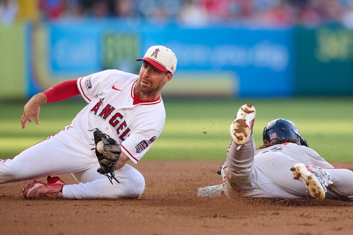 The Los Angeles Angels Donovan Walton #35 catches the ball during an MLB game against The Boston Red Sox on July 4th, 2026 at Angel Stadium in Anaheim, California. The Los Angeles Angels Donovan Walton #35 catches the ball during an MLB game against The Boston Red Sox on July 4th, 2026 at Angel Stadium in Anaheim, California.