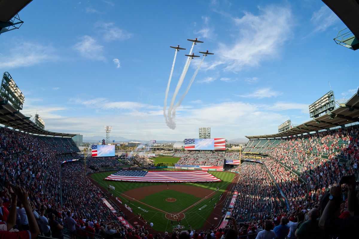 The Los Angeles Angels opening ceremonies during an MLB game against The Boston Red Sox on July 4th, 2026 at Angel Stadium in Anaheim, California. The Los Angeles Angels opening ceremonies during an MLB game against The Boston Red Sox on July 4th, 2026 at Angel Stadium in Anaheim, California.