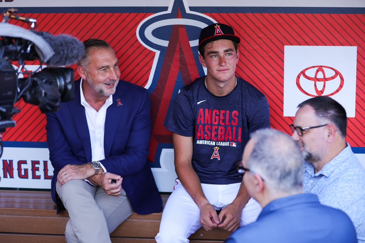 Los Angeles Angels 2026 first round draft pick Jared Grindlinger meets with the media in the Angels dugout before the MLB game against the Detroit Tigers Friday July 17th, 2026 at Angel Stadium in Anaheim, Calif. Los Angeles Angels 2026 first round draft pick Jared Grindlinger meets with the media in the Angels dugout before the MLB game against the Detroit Tigers Friday July 17th, 2026 at Angel Stadium in Anaheim, Calif.