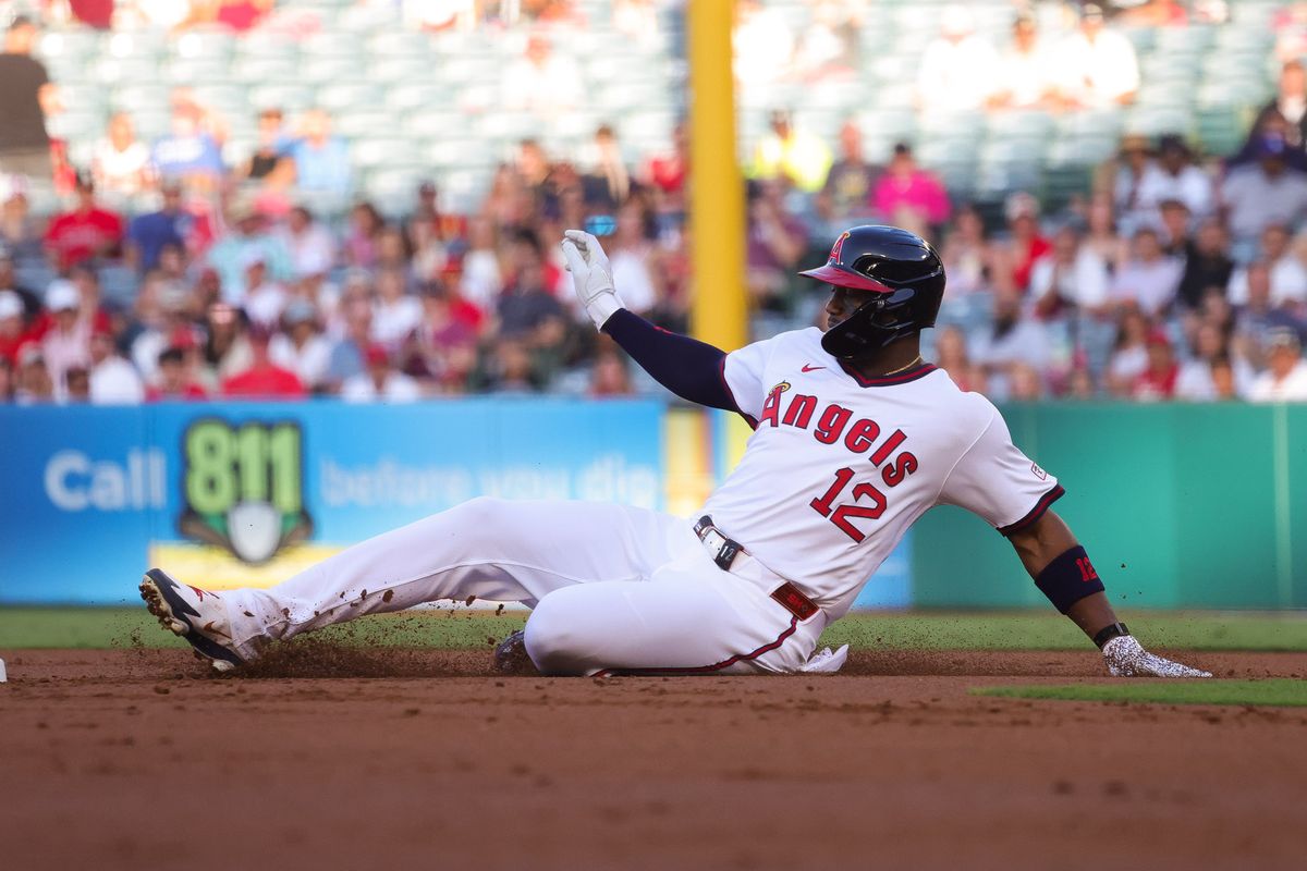 Los Angeles Angels designated hitter Jorge Soler (12) slides to second base during the MLB game against the Detroit Tigers Friday July 17th, 2026 at Angel Stadium in Anaheim, Calif. Los Angeles Angels designated hitter Jorge Soler (12) slides to second base during the MLB game against the Detroit Tigers Friday July 17th, 2026 at Angel Stadium in Anaheim, Calif.
