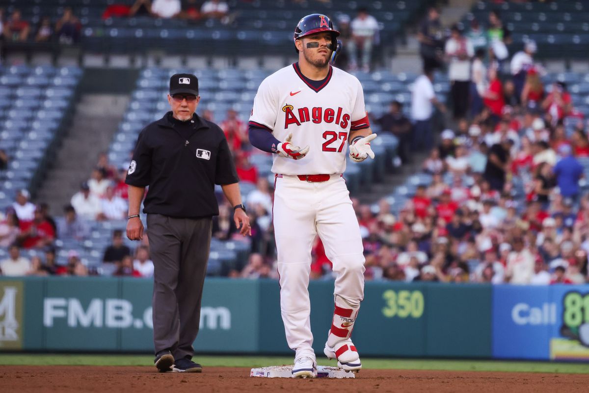 Los Angeles Angels outfielder Mike Trout (27) celebrates during the MLB game against the Detroit Tigers Friday July 17th, 2026 at Angel Stadium in Anaheim, Calif. Los Angeles Angels outfielder Mike Trout (27) celebrates during the MLB game against the Detroit Tigers Friday July 17th, 2026 at Angel Stadium in Anaheim, Calif.