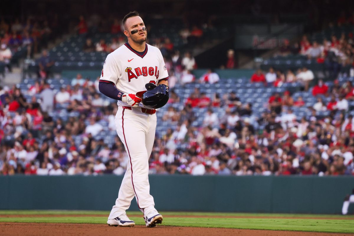Los Angeles Angels outfielder Mike Trout (27) walks to the dugout during the MLB game against the Detroit Tigers Friday July 17th, 2026 at Angel Stadium in Anaheim, Calif. Los Angeles Angels outfielder Mike Trout (27) walks to the dugout during the MLB game against the Detroit Tigers Friday July 17th, 2026 at Angel Stadium in Anaheim, Calif.