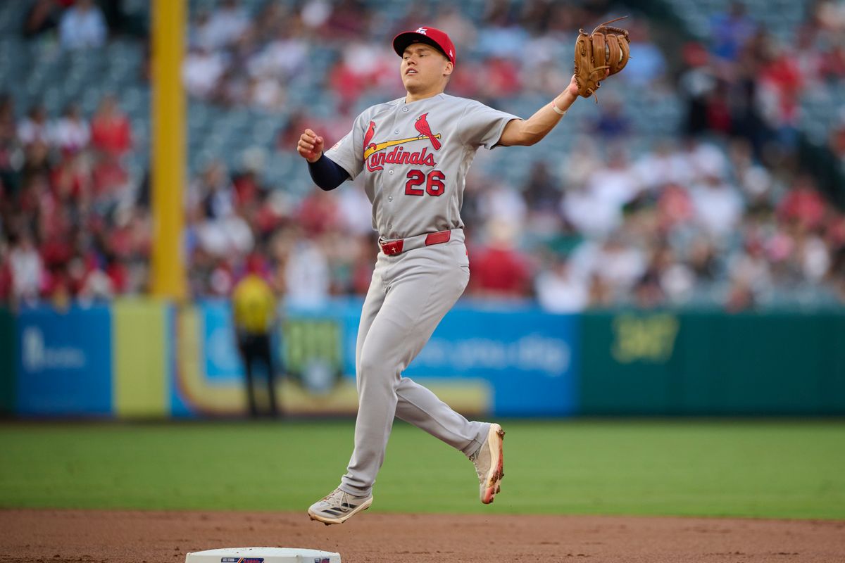 The St. Louis Cardinals JJ Wetherholt #26 catches the ball during an MLB game against The Los Angeles Angels on July 20th, 2026 at Angel Stadium in Anaheim, California. The St. Louis Cardinals JJ Wetherholt #26 catches the ball during an MLB game against The Los Angeles Angels on July 20th, 2026 at Angel Stadium in Anaheim, California.