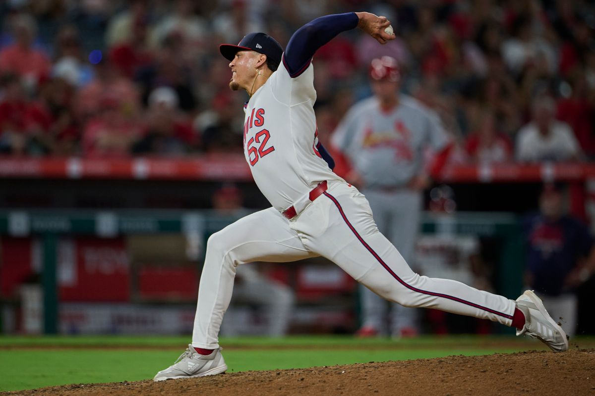 The Los Angeles Angels Samy Natera Jr. #52 pitches during an MLB game against The St. Louis Cardinals on July 20th, 2026 at Angel Stadium in Anaheim, California. The Los Angeles Angels Samy Natera Jr. #52 pitches during an MLB game against The St. Louis Cardinals on July 20th, 2026 at Angel Stadium in Anaheim, California.