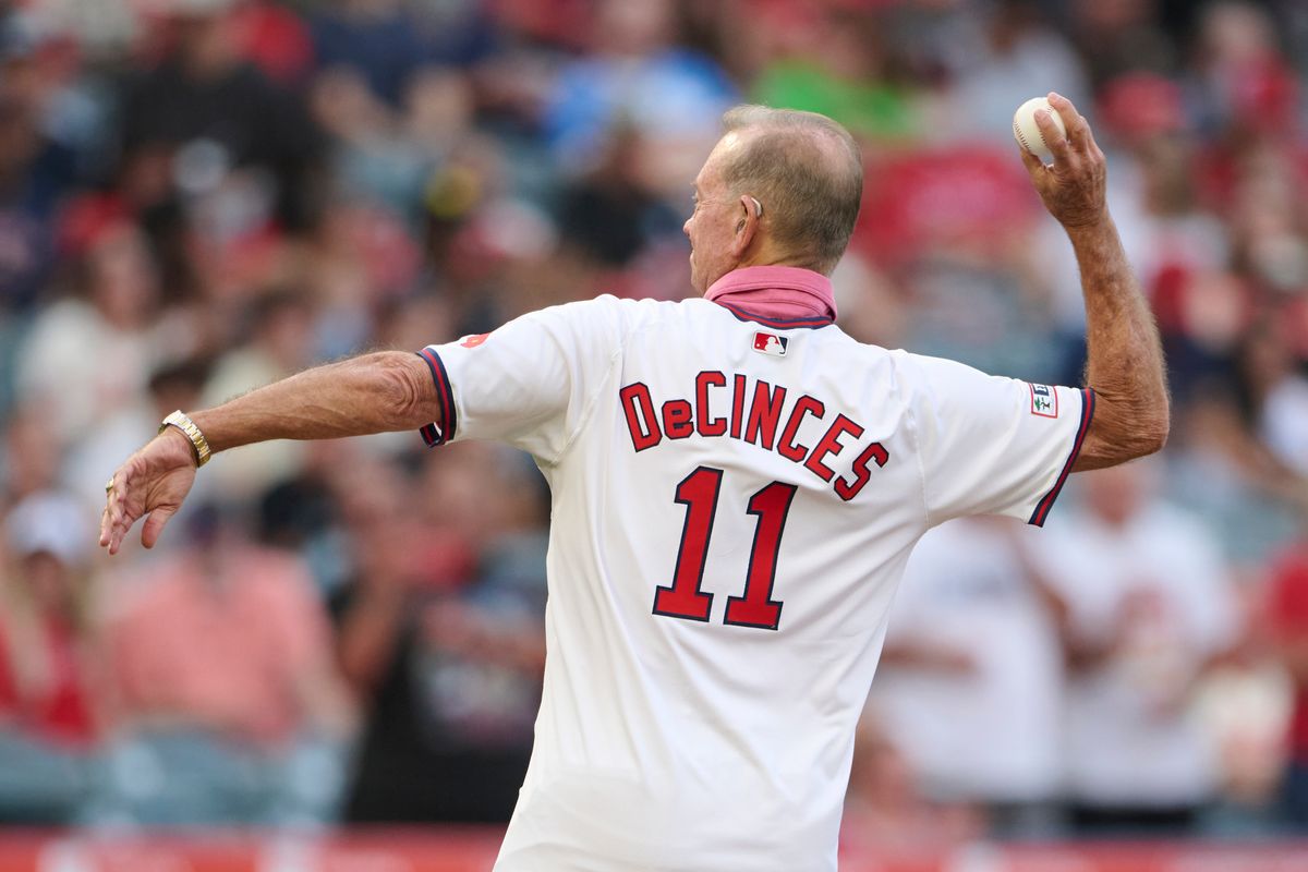 The Los Angeles Angels alumnus Doug DeCinces #11 throws the first pitch during an MLB game against The St. Louis Cardinals on July 20th, 2026 at Angel Stadium in Anaheim, California. The Los Angeles Angels alumnus Doug DeCinces #11 throws the first pitch during an MLB game against The St. Louis Cardinals on July 20th, 2026 at Angel Stadium in Anaheim, California.