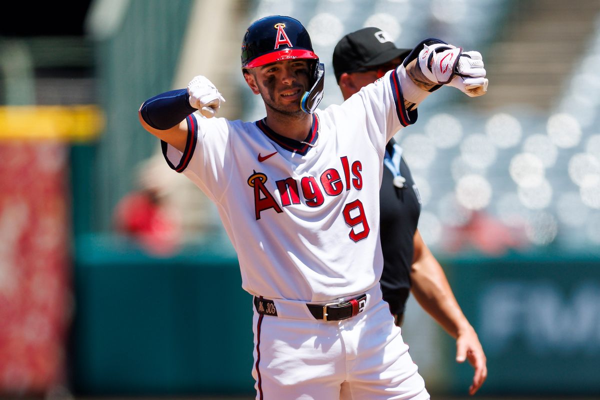 Zach Neto #9 of the Los Angeles Angels celebrates a double during the game against the St. Louis Cardinals at Angel Stadium of Anaheim on July 22, 2026 in Anaheim, California.