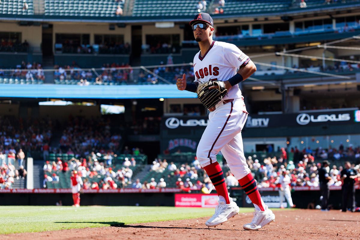 Vaughn Grissom #5 of the Los Angeles Angels runs onto the field during the game against the St. Louis Cardinals at Angel Stadium of Anaheim on July 22, 2026 in Anaheim, California. 