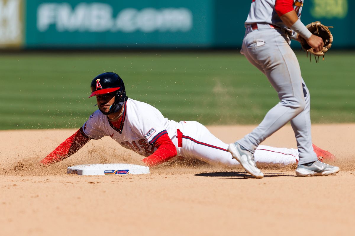 Jose Siri #28 of the Los Angeles Angels slides into second base during the game against the St. Louis Cardinals at Angel Stadium of Anaheim on July 22, 2026 in Anaheim, California.