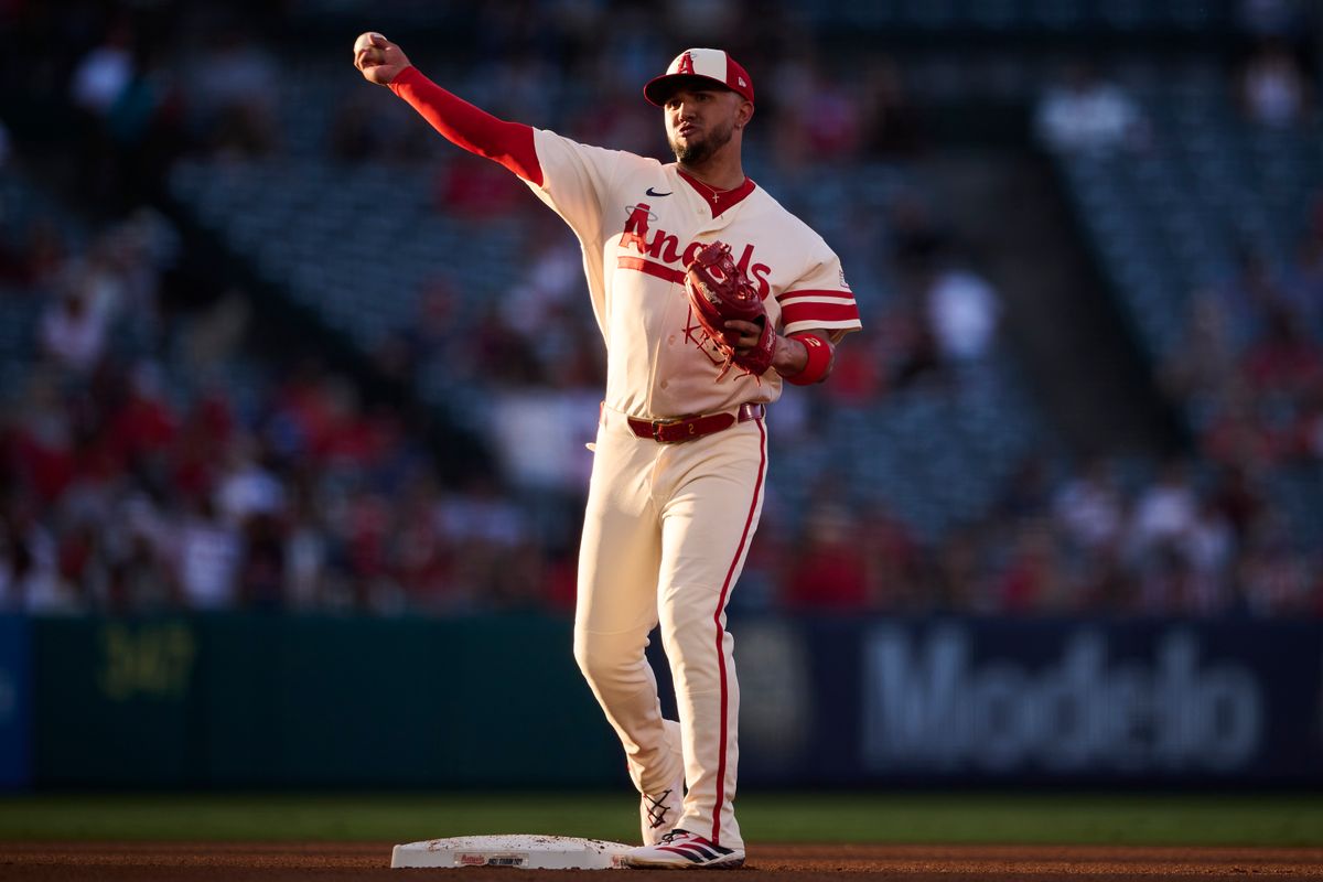 The Los Angeles Angels Oswald Peraza #2 throws the ball during an MLB game against The Houston Astros on July 28th, 2026 at Angel Stadium in Anaheim, California.