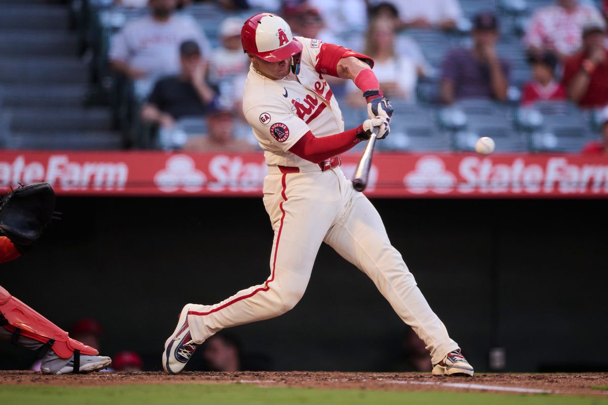 The Los Angeles Angels Logan O'Hoppe #14 bats during an MLB game against The Houston Astros on July 28th, 2026 at Angel Stadium in Anaheim, California.