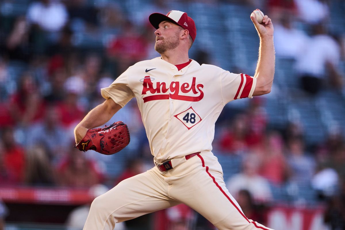 The Los Angeles Angels Reid Detmers #48 pitches during an MLB game against The Houston Astros on July 28th, 2026 at Angel Stadium in Anaheim, California.