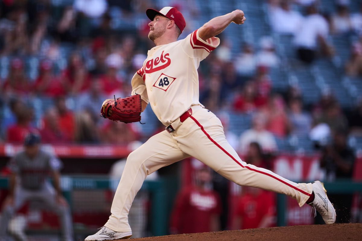 The Los Angeles Angels Reid Detmers #48 pitches during an MLB game against The Houston Astros on July 28th, 2026 at Angel Stadium in Anaheim, California.