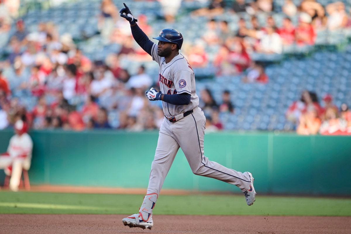 The Houston Astros Yordan Alvarez #44 hits a home run during an MLB game against The Los Angeles Angels on July 28th, 2026 at Angel Stadium in Anaheim, California.