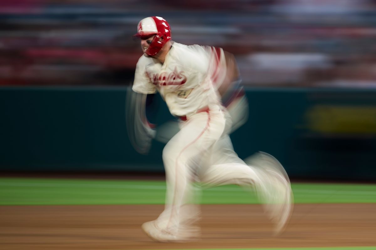 The Los Angeles Angels Mike Trout #27 runs to second during an MLB game against The Houston Astros on July 28th, 2026 at Angel Stadium in Anaheim, California.