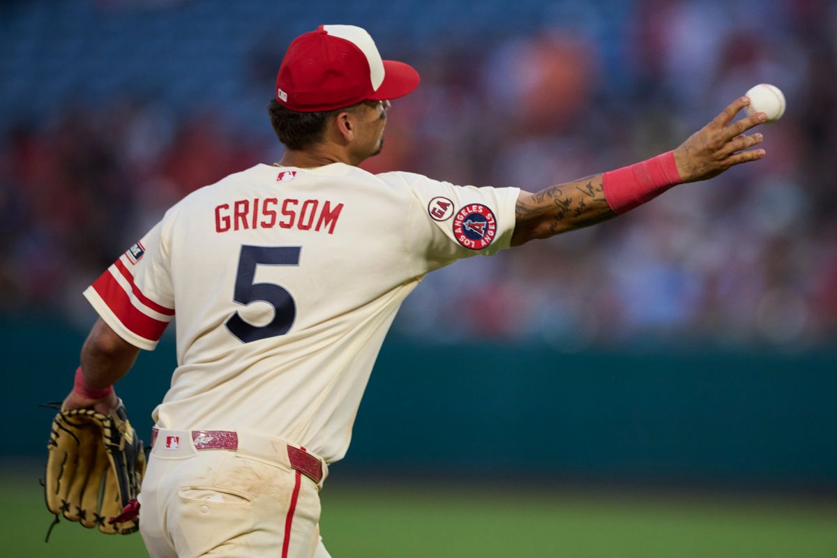 The Los Angeles Angels Vaughn Grissom #5 throws the ball during an MLB game against The Houston Astros on July 28th, 2026 at Angel Stadium in Anaheim, California.