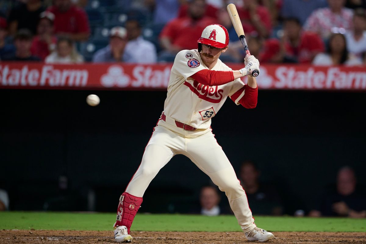 The Los Angeles Angels Wade Meckler #53 bats during an MLB game against The Houston Astros on July 28th, 2026 at Angel Stadium in Anaheim, California.