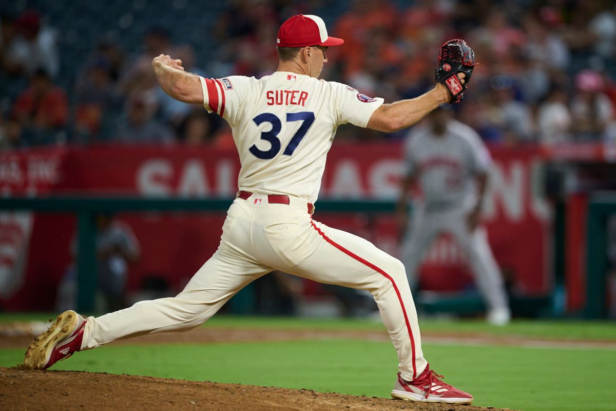 The Los Angeles Angels Brent Suter #37 pitches during an MLB game against The Houston Astros on July 28th, 2026 at Angel Stadium in Anaheim, California.