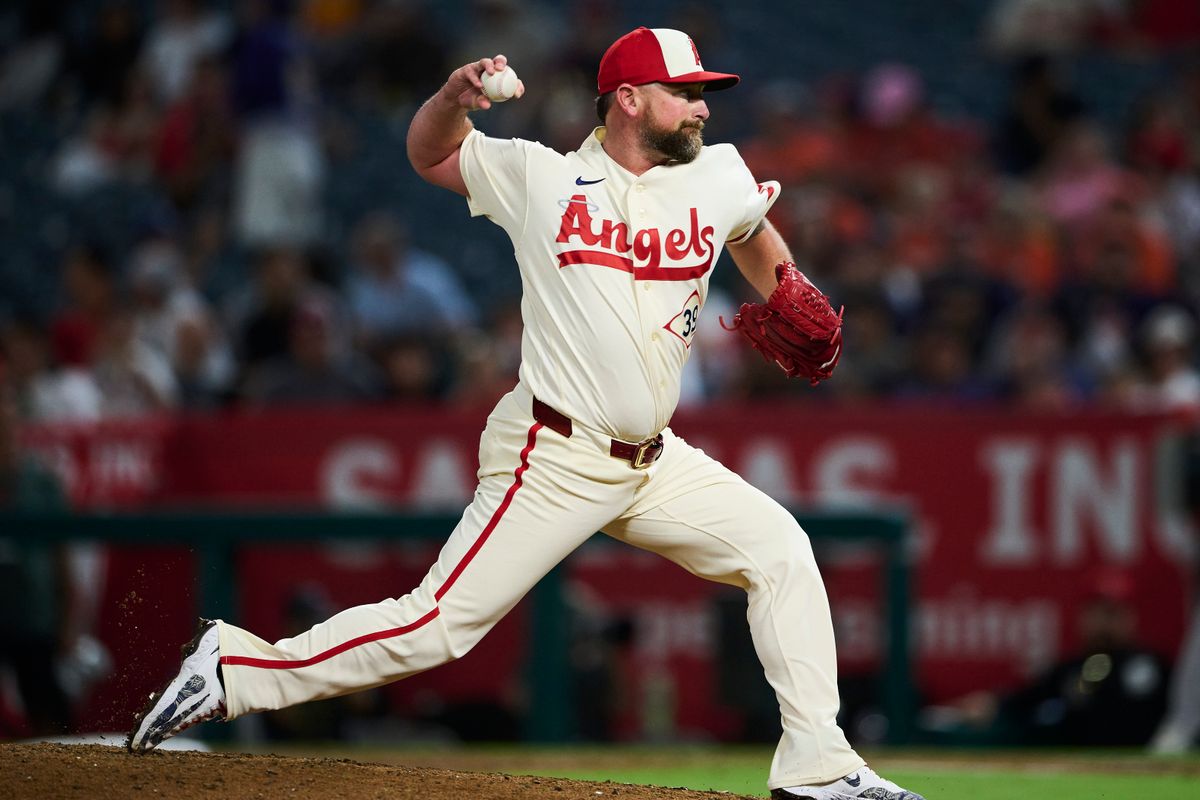 The Los Angeles Angels Kirby Yates #39 pitches during an MLB game against The Houston Astros on July 28th, 2026 at Angel Stadium in Anaheim, California.