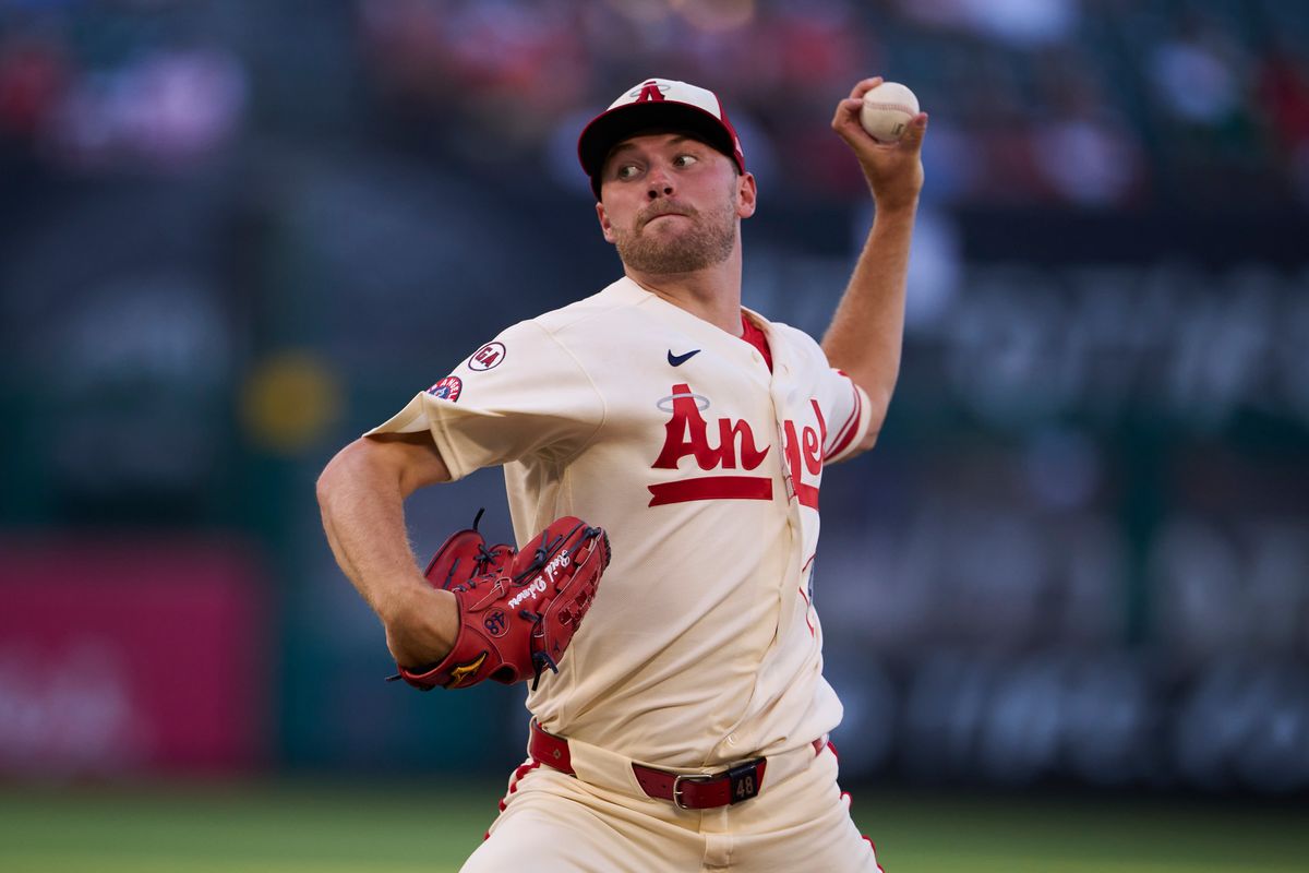 The Los Angeles Angels Reid Detmers #48 pitches during an MLB game against The Houston Astros on July 28th, 2026 at Angel Stadium in Anaheim, California.