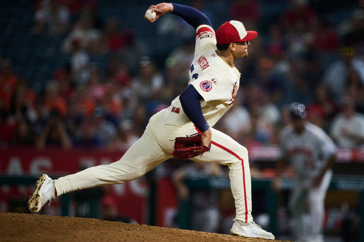 The Los Angeles Angels Samy Natera Jr. #52 pitches during an MLB game against The Houston Astros on July 28th, 2026 at Angel Stadium in Anaheim, California.